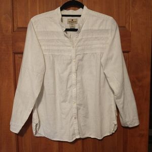 Woolrich woman's size LP cotton white pleated bodice shirt w gray threading